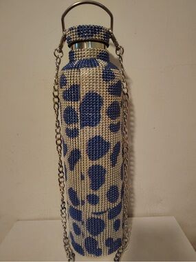 Stainless steel water bottle thermos with blue leopard print and rhinestones